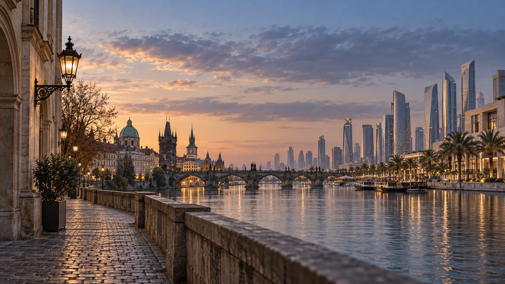 Conceptual illustration: a Czech riverside embankment and historic stone bridge at dusk, with a contemporary Gulf waterfront skyline beyond.