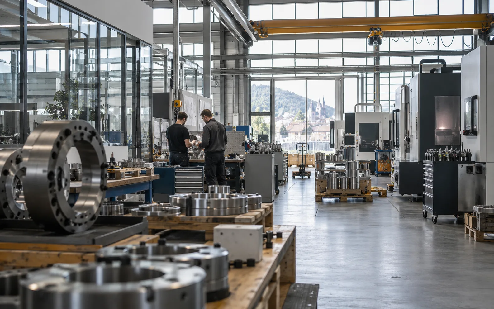 A Czech precision-engineering workshop with machined metal components in the foreground.