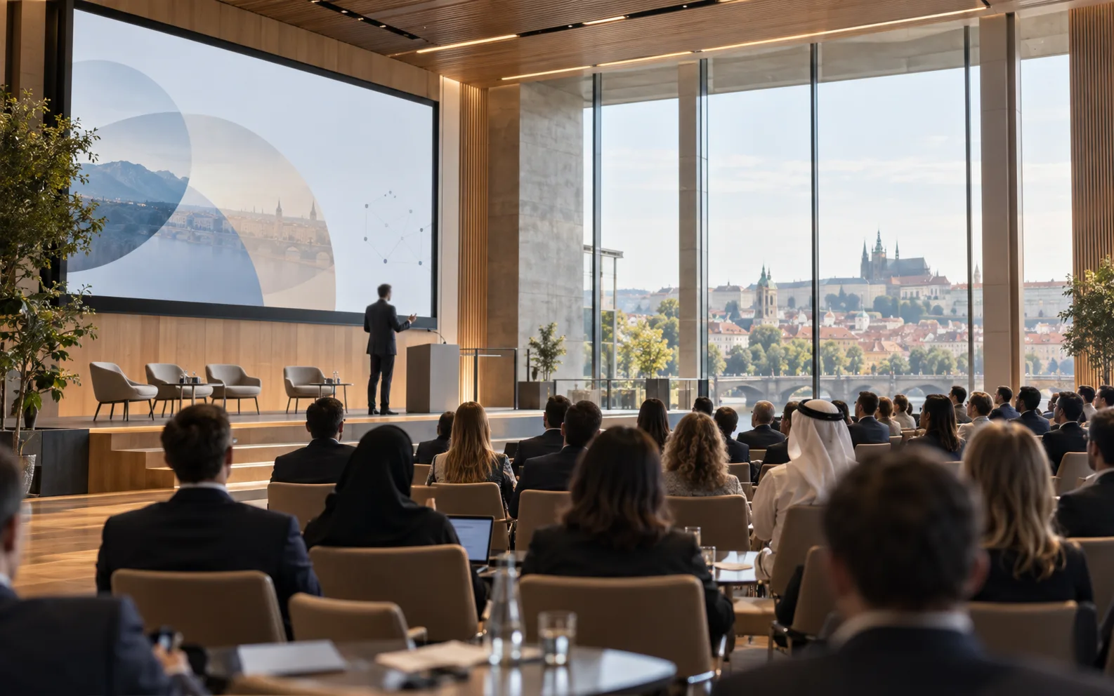 A conference auditorium with a speaker on stage and a seated audience beside a window overlooking Prague.
