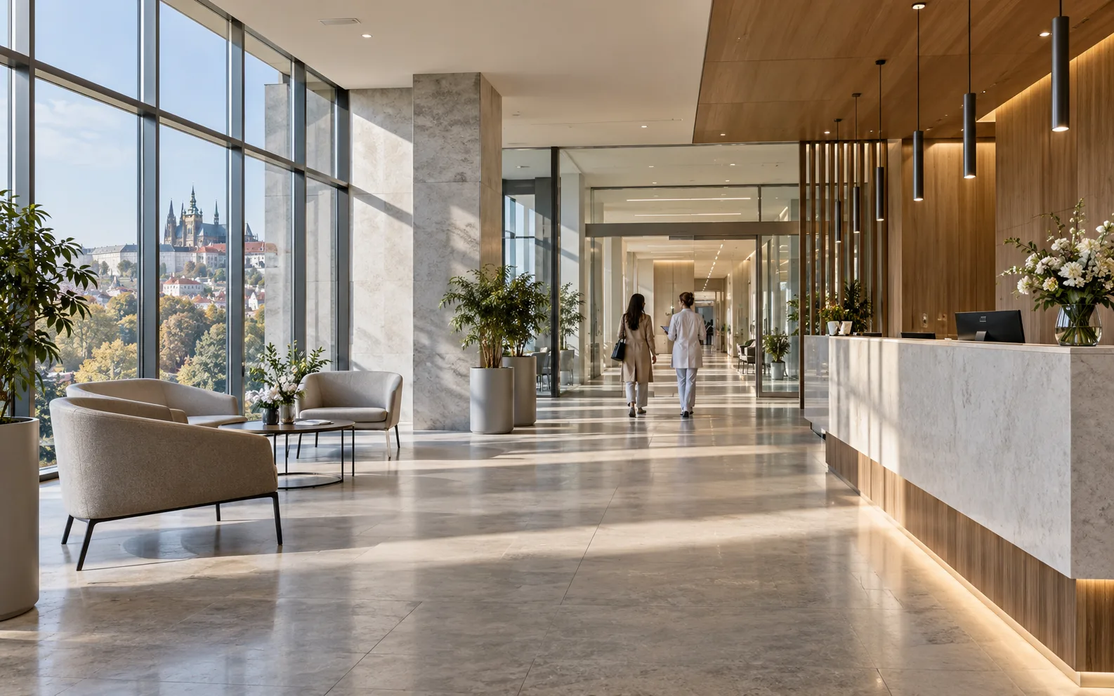 A bright modern clinic reception and waiting area with a view over Prague.