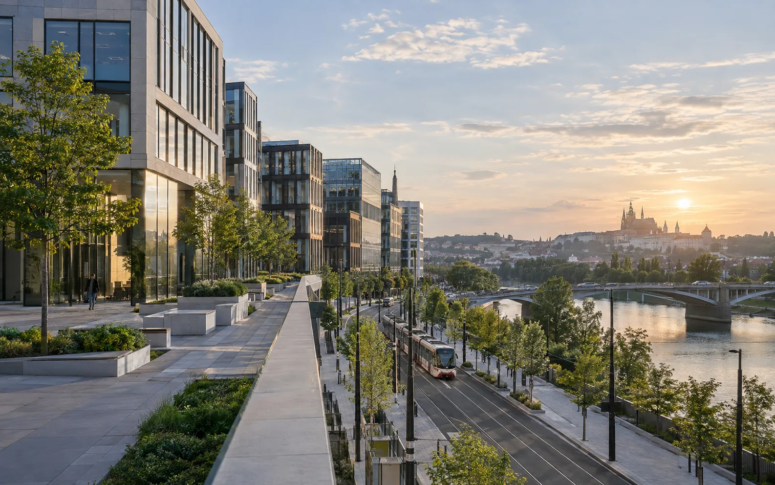 A riverside district of new office buildings and a tram line at sunset, with Prague Castle in the distance.