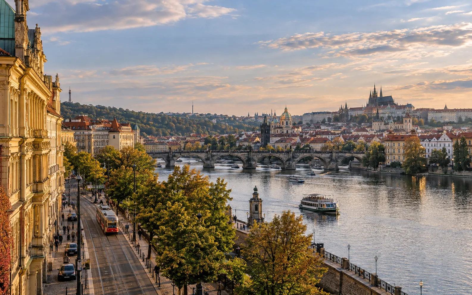 The Vltava river and Charles Bridge at sunset, with Prague Castle on the hill above.
